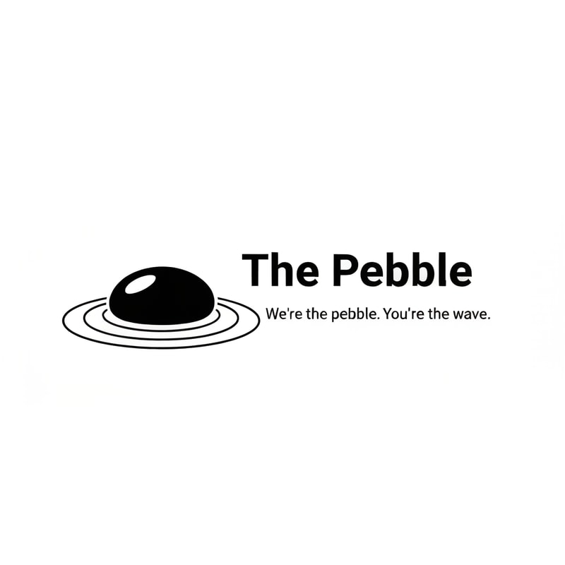 Minimalist logo for a web & AI agency called "The Pebble". Icon: a smooth oval/pebble shape with 2-3 concentric elliptical ripple rings around it, like a stone dropped in water. Black and white only. Clean, modern, flat design. No gradients. Wordmark "The Pebble" in a sleek sans-serif font next to the icon. Tagline below: "We're the pebble. You're the wave." Minimal whitespace, professional agency feel. be a little spontaneous