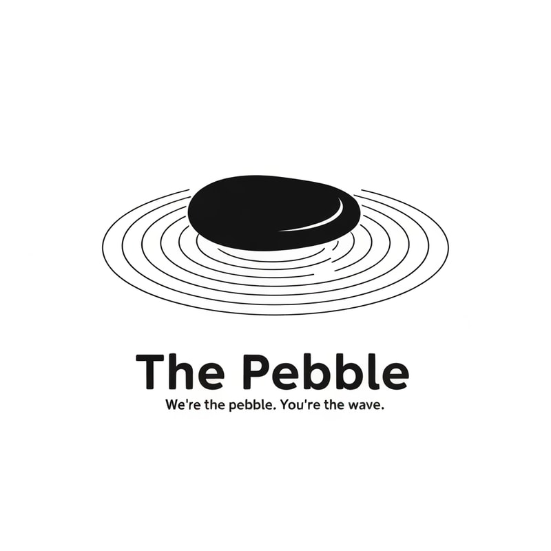 Minimal logo for "The Pebble" — a single smooth dark pebble stone, slightly asymmetric like a real river stone, casting ultra-thin concentric ripple rings that fade outward. Black on white. No text in the icon. Negative space plays a role. The pebble itself is solid black, ripples are hairline thin. Almost Japanese ink-art feeling — quiet, precise, intentional. Sans-serif wordmark "The Pebble" in thin weight, wide letter-spacing. Tagline in tiny caps: "We're the pebble. You're the wave."