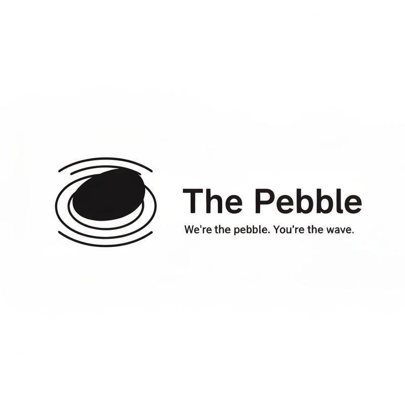 Minimalist logo for a web & AI agency called "The Pebble". Icon: a smooth oval/pebble shape with 2-3 concentric elliptical ripple rings around it, like a stone dropped in water. Black and white only. Clean, modern, flat design. No gradients. Wordmark "The Pebble" in a sleek sans-serif font next to the icon. Tagline below: "We're the pebble. You're the wave." Minimal whitespace, professional agency feel.