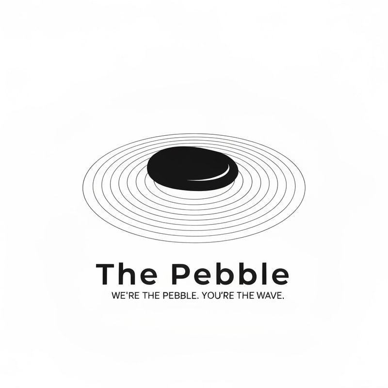 Minimal logo for "The Pebble" — a single smooth dark pebble stone, slightly asymmetric like a real river stone, casting ultra-thin concentric ripple rings that fade outward. Black on white. No text in the icon. Negative space plays a role. The pebble itself is solid black, ripples are hairline thin. Almost Japanese ink-art feeling — quiet, precise, intentional. Sans-serif wordmark "The Pebble" in thin weight, wide letter-spacing. Tagline in tiny caps: "We're the pebble. You're the wave."