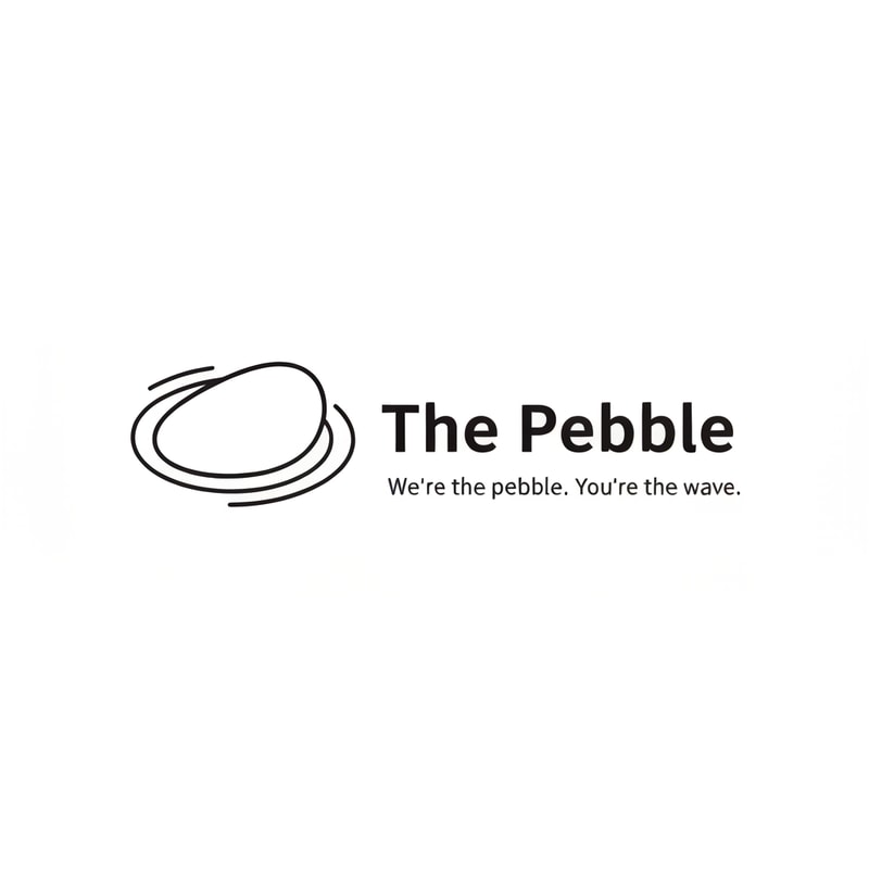 Minimalist logo for a web & AI agency called "The Pebble". Icon: a smooth oval/pebble shape with 2-3 concentric elliptical ripple rings around it, like a stone dropped in water. Black and white only. Clean, modern, flat design. No gradients. Wordmark "The Pebble" in a sleek sans-serif font next to the icon. Tagline below: "We're the pebble. You're the wave." Minimal whitespace, professional agency feel.
