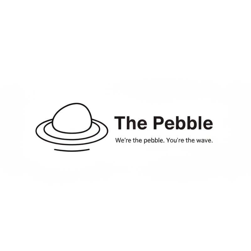 Minimalist logo for a web & AI agency called "The Pebble". Icon: a smooth oval/pebble shape with 2-3 concentric elliptical ripple rings around it, like a stone dropped in water. Black and white only. Clean, modern, flat design. No gradients. Wordmark "The Pebble" in a sleek sans-serif font next to the icon. Tagline below: "We're the pebble. You're the wave." Minimal whitespace, professional agency feel.