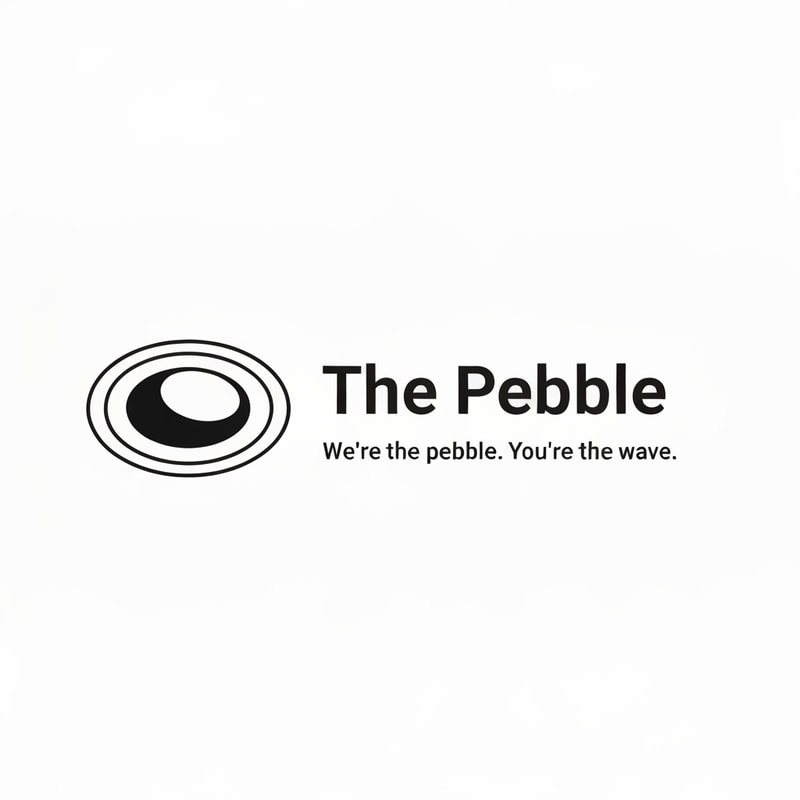 Minimalist logo for a web & AI agency called "The Pebble". Icon: a smooth oval/pebble shape with 2-3 concentric elliptical ripple rings around it, like a stone dropped in water. Black and white only. Clean, modern, flat design. No gradients. Wordmark "The Pebble" in a sleek sans-serif font next to the icon. Tagline below: "We're the pebble. You're the wave." Minimal whitespace, professional agency feel. be a little spontaneous
