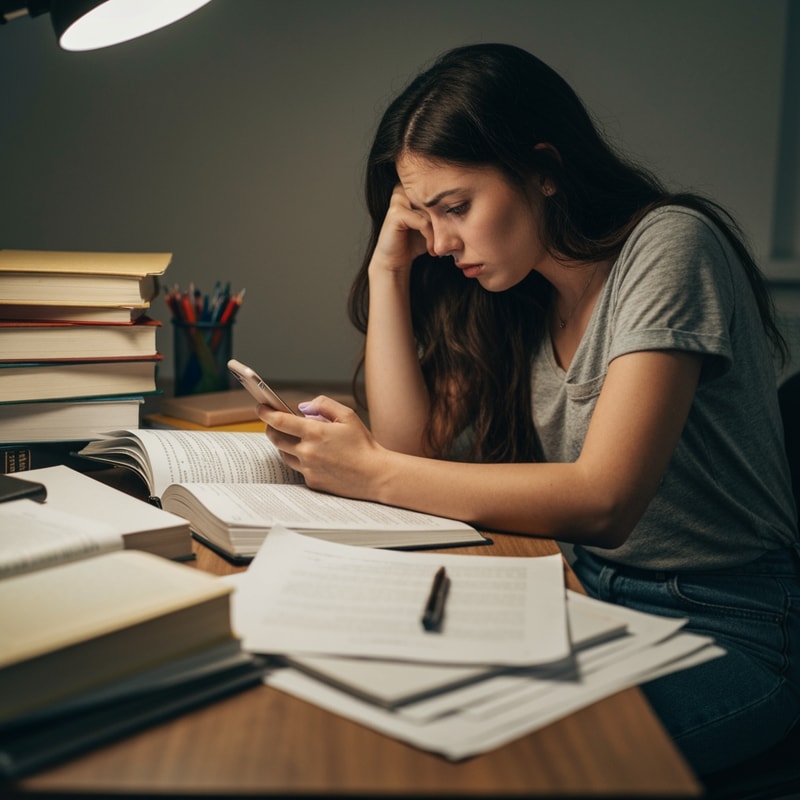 Student looking stressed / tired
Messy desk, books everywhere
Checking phone while studying