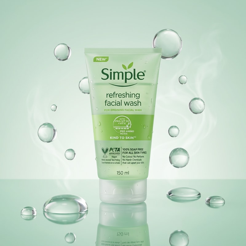 Simple Refreshing Facial Wash standing upright on a glossy reflective surface with large floating water droplets around it, soft mint green gradient background, fresh hydration theme, smooth reflections, minimal shadows, premium skincare advertisement style, ultra-realistic water textures, clean modern aesthetic
