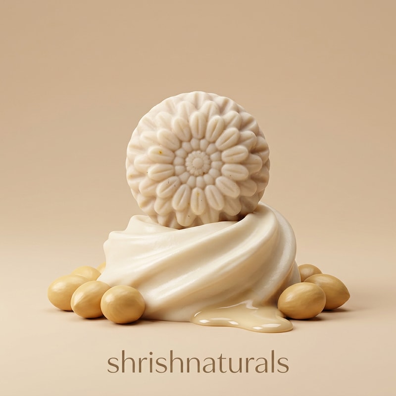 🥇 Prompt 1 — Creamy Luxury Pedestal Style

Shea butter soap bar placed vertically on a smooth creamy whipped shea butter swirl pedestal, surrounded by soft golden shea nuts arranged neatly, glossy melted butter texture flowing slightly from the base, warm beige monochrome background, the word "shrishnaturals" written in elegant lowercase minimal font at the bottom center, soft studio lighting, minimal shadows, luxury skincare advertisement style, hyper-realistic creamy textures, clean minimal composition