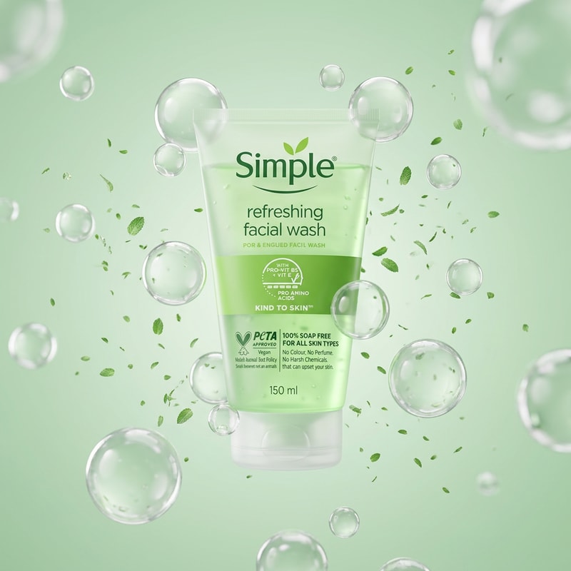 Simple Refreshing Facial Wash floating in mid-air surrounded by small transparent bubbles and soft mint particles, minimal pastel green gradient background, soft studio lighting, modern floating product composition, ultra-clean skincare aesthetic, shallow depth of field, premium advertisement style