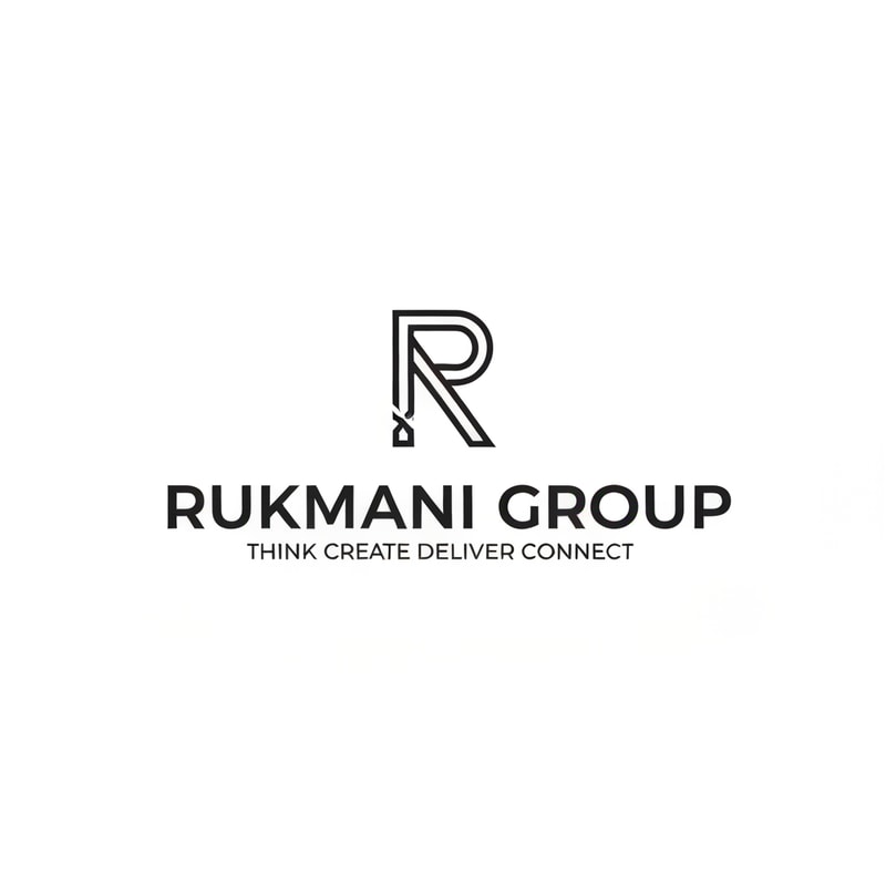 Make a logo for name RUKMANI GROUP and it's tagline is THINK CREATE DELIVER CONNECT . Make logo with minimal design philosophy . Make a special sign   which represents respect