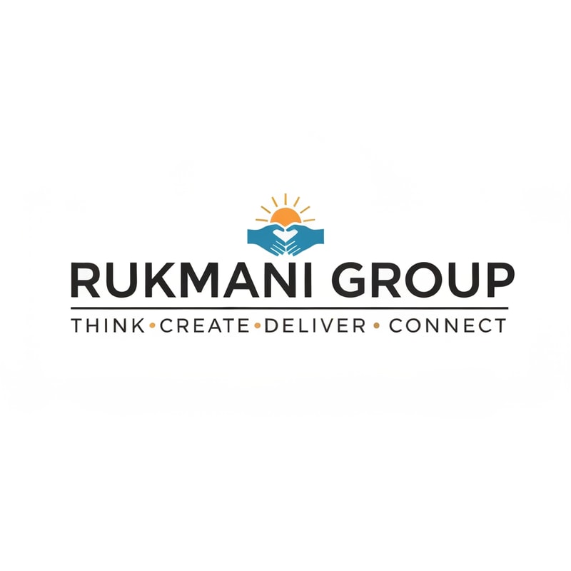 Make a logo for name RUKMANI GROUP and it's tagline is THINK CREATE DELIVER CONNECT . Make logo with minimal design philosophy . Make a special sign   which represents respect
