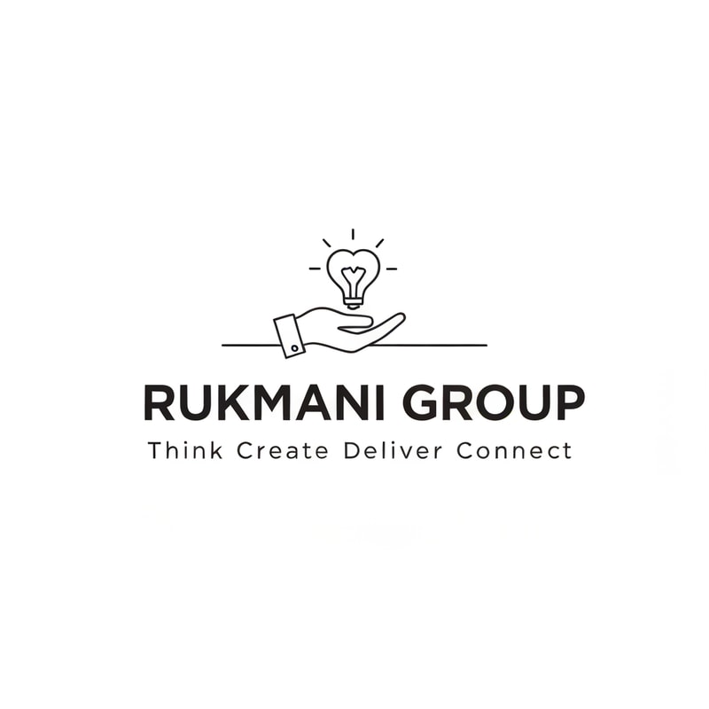 Make a logo for name RUKMANI GROUP and it's tagline is THINK CREATE DELIVER CONNECT . Make logo with minimal design philosophy . Make a special sign which represents respect and creativeness