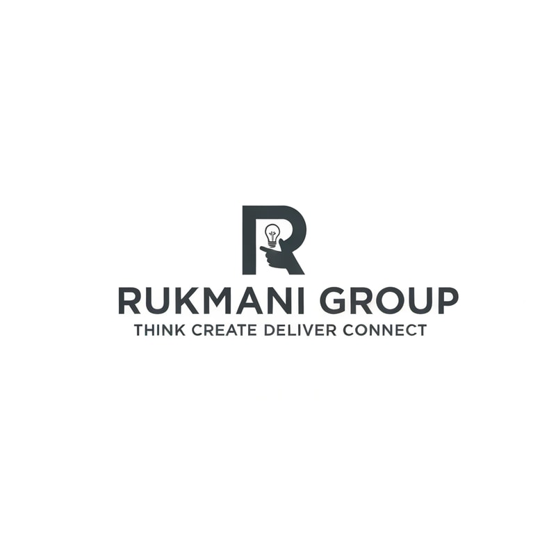 Make a logo for name RUKMANI GROUP and it's tagline is THINK CREATE DELIVER CONNECT . Make logo with minimal design philosophy . Make a special sign which represents respect and creativeness