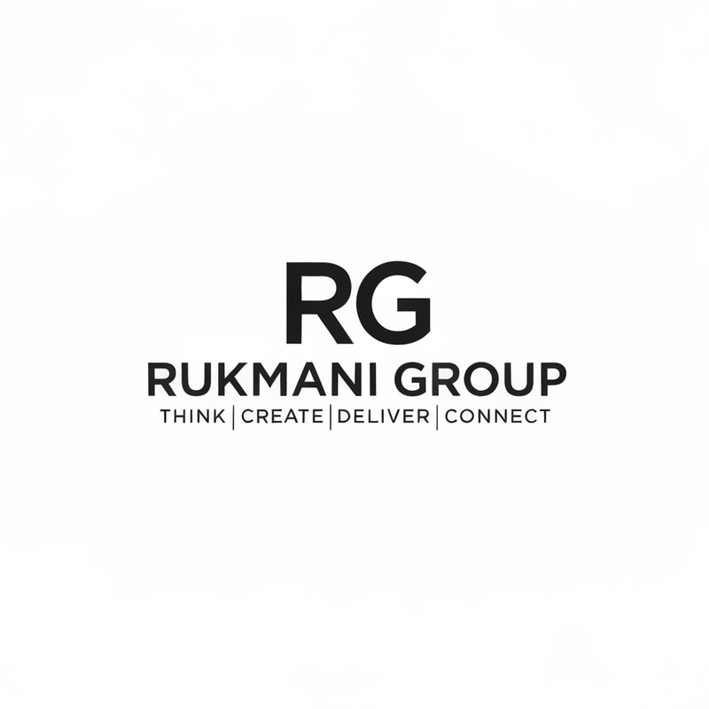 Make a logo for name RUKMANI GROUP and it's tagline is THINK CREATE DELIVER CONNECT . Make logo with minimal design philosophy . Make a blend of words R and G.