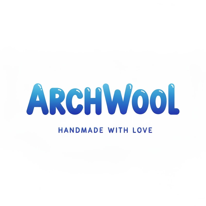 Logo for ArchWool in blue shade - Handmade with Love (it's a handmade crochet company)