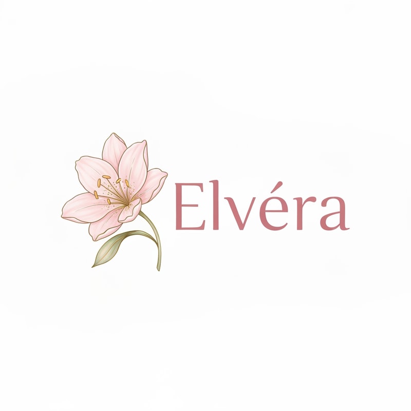 Design a feminine and elegant logo for "Elvéra" makeup brand. 
Use a handwritten or signature-style font combined with a thin gold underline. 
Color palette: soft pink, nude, and gold. 
Style should feel delicate, classy, and premium. 
Minimalist beauty brand aesthetic.