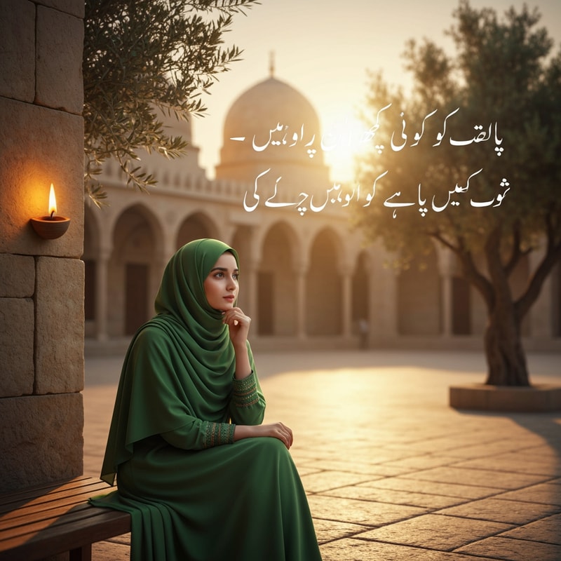 Create a vertical 9:16 portrait photograph featuring a young South Asian woman in a green hijab sitting thoughtfully on a wooden bench. The background should be a serene mosque courtyard at sunrise, with blurred ancient stone architecture and olive trees under soft, golden light. Include two simple, flickering oil lamps, one on the wall and one on the stone ground. Add the exact Urdu text in elegant white Jameel Noori Nastaleeq script in the upper-middle of the image in two lines: 'انسان کا نصیب اتنا ہی ہے جتنا اس نے اپنے رب پر توکل کیا' and 'کیونکہ اللہ وہاں مایوس نہیں کرتا جہاں اس سے امید رکھی ہو'. Ensure there are absolutely no external watermarks, logos (such as a 'G' logo), or interface elements."