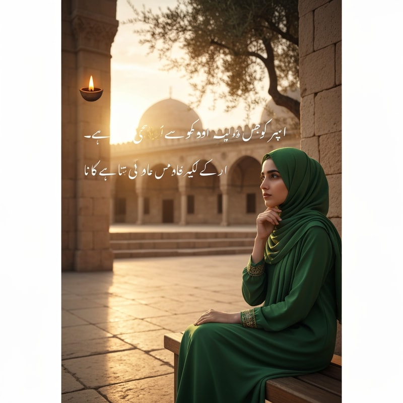 Create a vertical 9:16 portrait photograph featuring a young South Asian woman in a green hijab sitting thoughtfully on a wooden bench. The background should be a serene mosque courtyard at sunrise, with blurred ancient stone architecture and olive trees under soft, golden light. Include two simple, flickering oil lamps, one on the wall and one on the stone ground. Add the exact Urdu text in elegant white Jameel Noori Nastaleeq script in the upper-middle of the image in two lines: 'انسان کا نصیب اتنا ہی ہے جتنا اس نے اپنے رب پر توکل کیا' and 'کیونکہ اللہ وہاں مایوس نہیں کرتا جہاں اس سے امید رکھی ہو'. Ensure there are absolutely no external watermarks, logos (such as a 'G' logo), or interface elements."