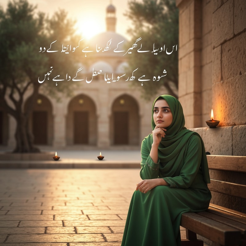 Create a vertical 9:16 portrait photograph featuring a young South Asian woman in a green hijab sitting thoughtfully on a wooden bench. The background should be a serene mosque courtyard at sunrise, with blurred ancient stone architecture and olive trees under soft, golden light. Include two simple, flickering oil lamps, one on the wall and one on the stone ground. Add the exact Urdu text in elegant white Jameel Noori Nastaleeq script in the upper-middle of the image in two lines: 'انسان کا نصیب اتنا ہی ہے جتنا اس نے اپنے رب پر توکل کیا' and 'کیونکہ اللہ وہاں مایوس نہیں کرتا جہاں اس سے امید رکھی ہو'. Ensure there are absolutely no external watermarks, logos (such as a 'G' logo), or interface elements."in urdu