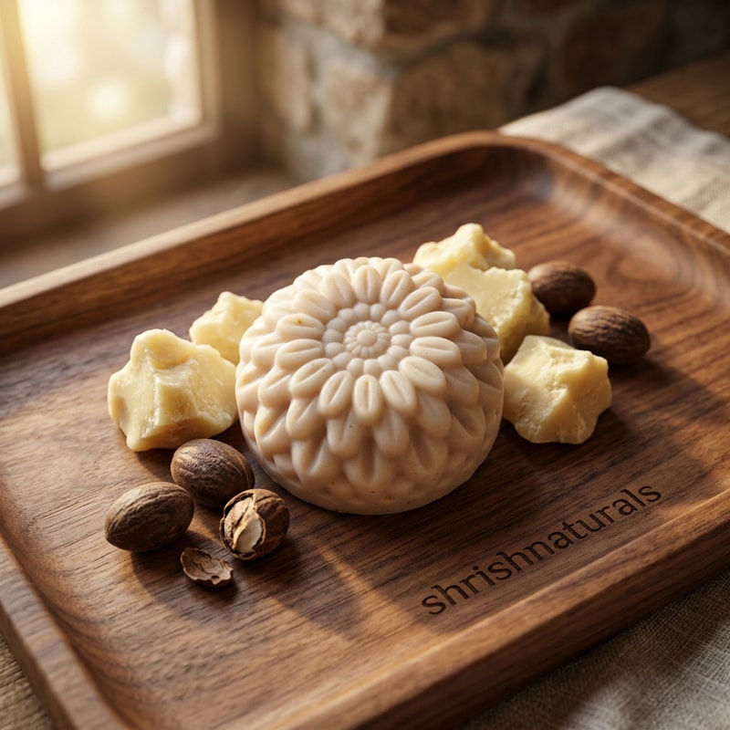 Natural Ingredient Showcase

Shea butter soap resting on a natural wooden tray surrounded by raw shea butter chunks and shea nuts, soft sunlight falling from one side, warm earthy tones, realistic natural textures, cozy organic skincare mood, "shrishnaturals" engraved subtly on the wooden tray, shallow depth of field, premium handcrafted soap advertisement style