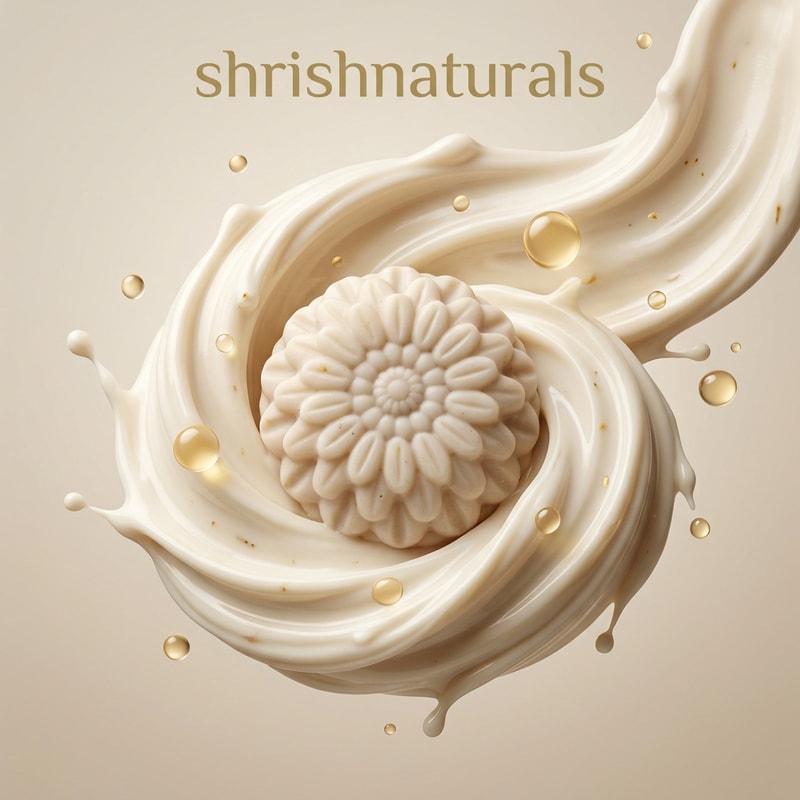 Floating Cream Texture Concept

Shea butter soap floating in mid-air inside a swirling creamy butter splash, soft golden droplets frozen in motion, smooth flowing texture around the soap, warm neutral background, "shrishnaturals" written in clean elegant font at the top center, luxury skincare visual style, hyper-realistic creamy textures, soft diffused lighting