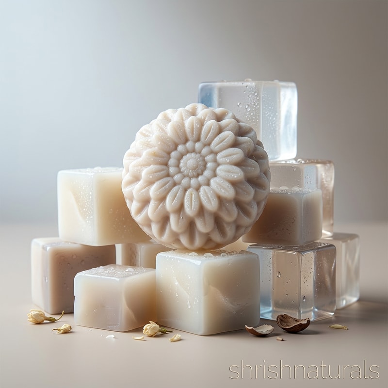 Frosted Butter Cube Concept (Premium Look)

Shea butter soap placed on translucent creamy butter cubes with soft condensation droplets, glossy reflections on surface, cool beige lighting tone, minimal gradient background, "shrishnaturals" written in elegant thin font at the lower right corner, premium skincare advertisement look, sharp realistic textures