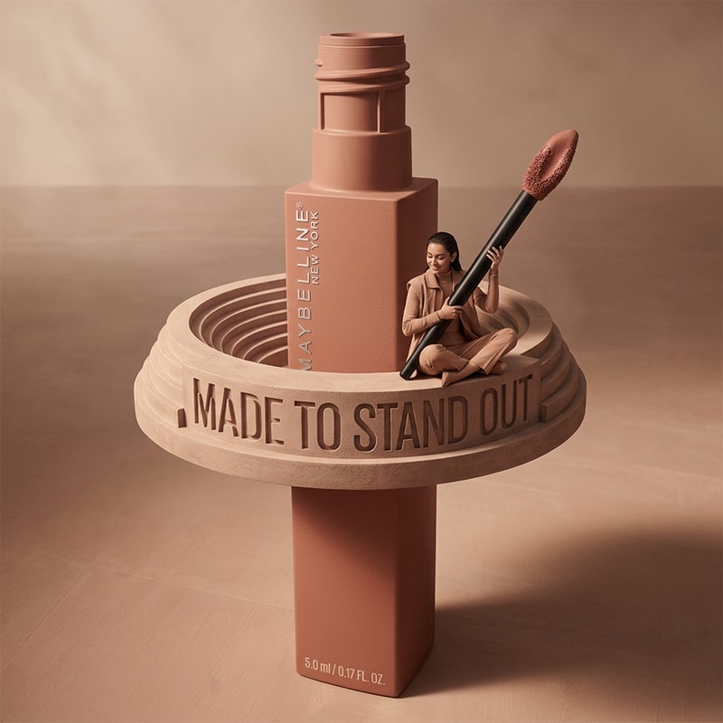 “Product Giant + Model Small
Prompt:
Oversized nude lipstick placed vertically, model sitting on a circular edge carved into the lipstick surface, holding applicator, surreal scale contrast, monochrome nude tones, cinematic lighting
Text:
“Made to Stand Out”