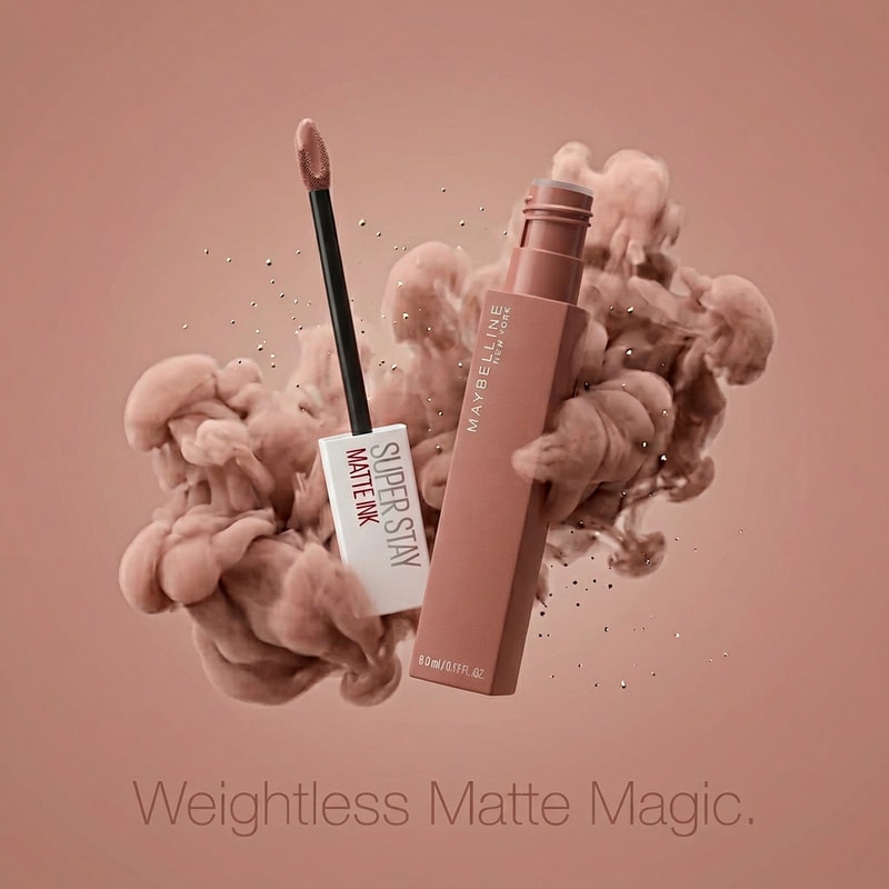 “Floating Beauty Shot
Prompt:
Lipstick and applicator floating mid-air with soft nude smoke clouds, subtle particles, same tone background, dreamy aesthetic, ultra clean beauty ad style
Text:
“Weightless Matte Magic.”