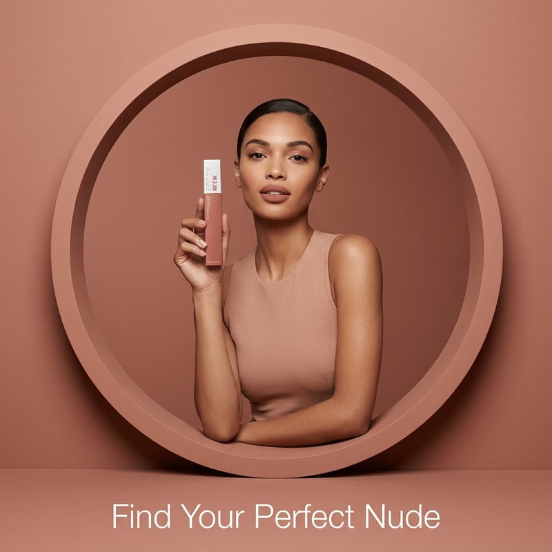 “Circle Frame Concept (Main Idea)
Prompt:
A female model sitting inside a large circular frame in a monochrome nude background matching the lipstick shade, holding a nude matte liquid lipstick, minimal aesthetic, soft studio lighting, high fashion beauty campaign, clean shadows, editorial look
Text:
“Find Your Perfect Nude”