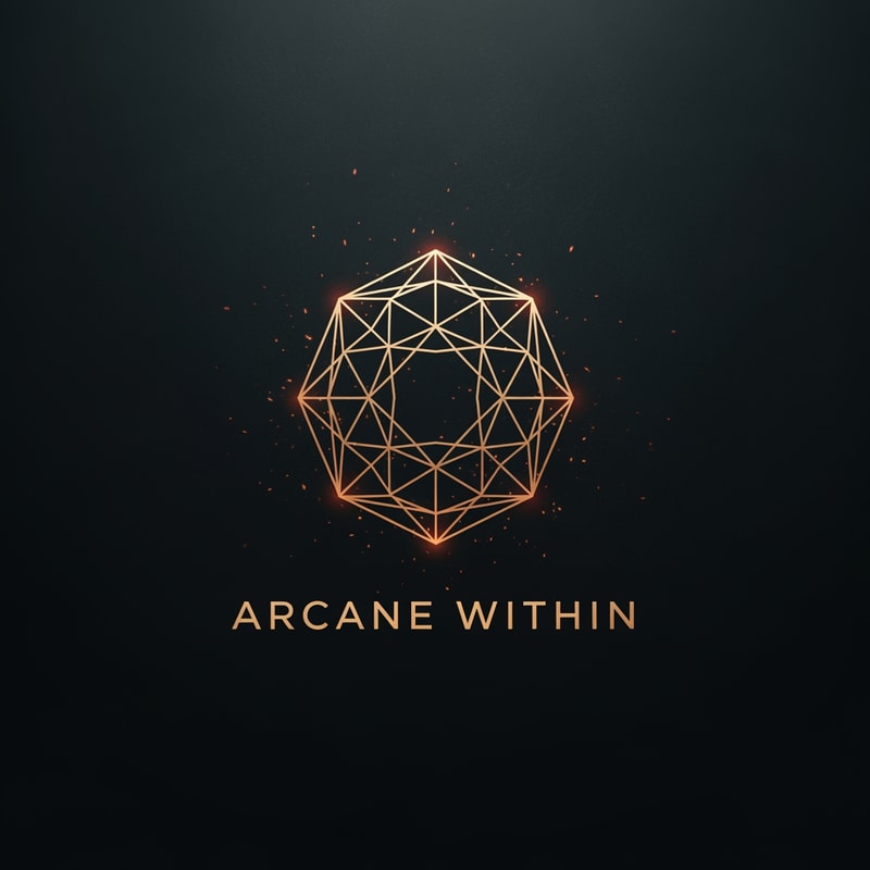 A minimalist, high-contrast logo for a YouTube channel called 'Arcane Within'. The design features a stylized, glowing geometric emblem representing inner strength and discipline, centered against a dark, moody, charcoal-textured background. Use a color palette of deep obsidian, metallic gold, and subtle embers of light. The style is professional, mysterious, and modern, suitable for a motivational brand. 4k resolution, clean lines, cinematic lighting."