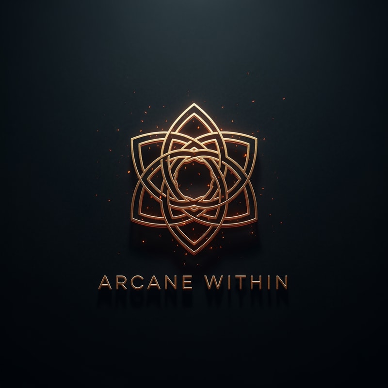 A minimalist, high-contrast logo for a YouTube channel called 'Arcane Within'. The design features a stylized, glowing geometric emblem representing inner strength and discipline, centered against a dark, moody, charcoal-textured background. Use a color palette of deep obsidian, metallic gold, and subtle embers of light. The style is professional, mysterious, and modern, suitable for a motivational brand. 4k resolution, clean lines, cinematic lighting."