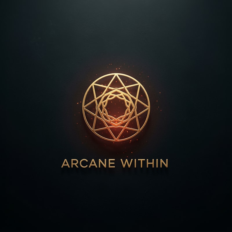 A minimalist, high-contrast logo for a YouTube channel called 'Arcane Within'. The design features a stylized, glowing geometric emblem representing inner strength and discipline, centered against a dark, moody, charcoal-textured background. Use a color palette of deep obsidian, metallic gold, and subtle embers of light. The style is professional, mysterious, and modern, suitable for a motivational brand. 4k resolution, clean lines, cinematic lighting."