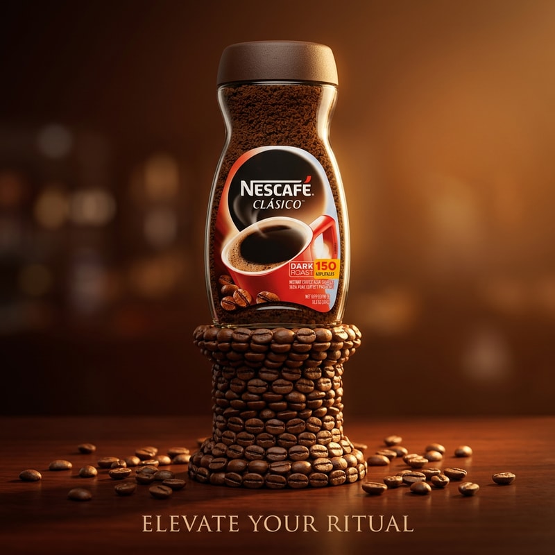 Coffee Beans Luxury Pedestal

Nestlé coffee powder jar placed vertically on a pedestal made entirely of roasted coffee beans stacked neatly, scattered beans around the base, warm golden lighting, soft shadows, rich brown gradient background, premium café advertisement aesthetic, realistic roasted coffee bean textures