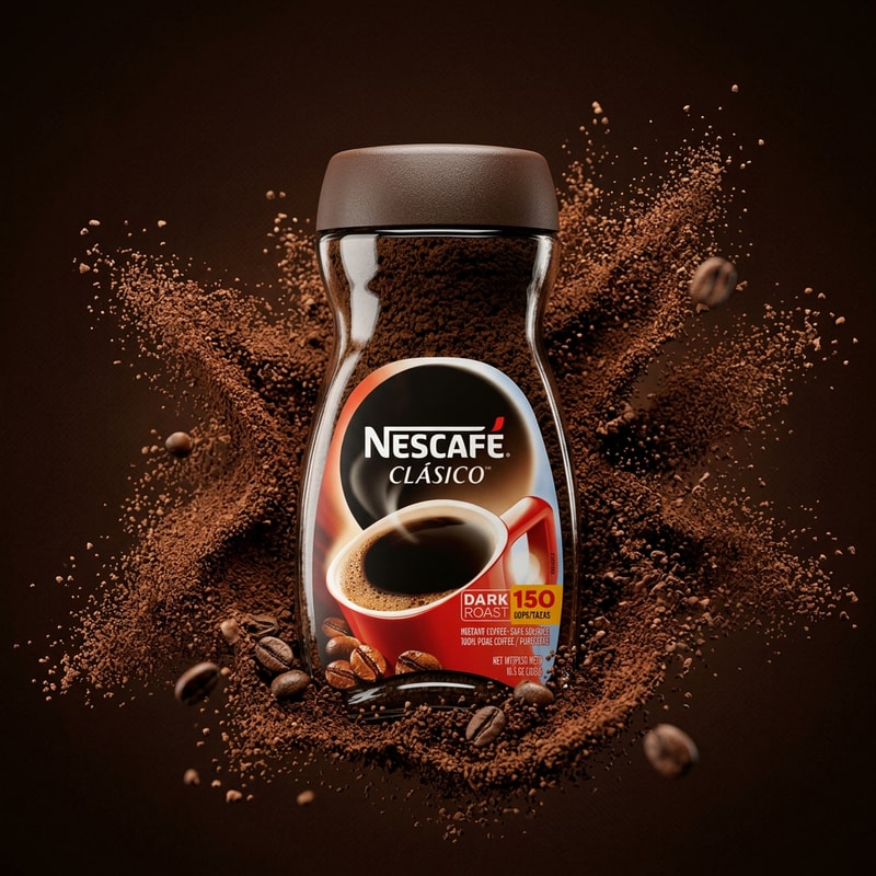 Coffee Powder Splash Concept (Very Premium)

Nestlé coffee powder jar placed at the center surrounded by rich dark coffee powder bursting outward in a smooth splash effect, fine powder particles frozen in motion, deep brown monochrome background, soft dramatic lighting, glossy reflections on jar surface, premium coffee advertisement style, hyper-realistic textures, shallow depth of field, clean composition