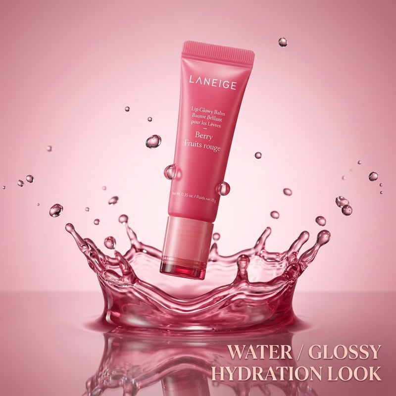 Use the exact product image of Laneige Lip Glowy Balm Berry. Do not change packaging, logo, or color. Maintain original branding and text clarity. High-end luxury beauty campaign, soft studio lighting, ultra-realistic, macro photography, shallow depth of field.”WATER / GLOSSY HYDRATION LOOK

Prompt:
“Place the Laneige Lip Glowy Balm Berry floating in a splash of glossy pink liquid. Water droplets suspended mid-air, reflective surface, glowing hydration effect, glassy aesthetic, soft gradient pink background, ultra-luxury skincare campaign.”