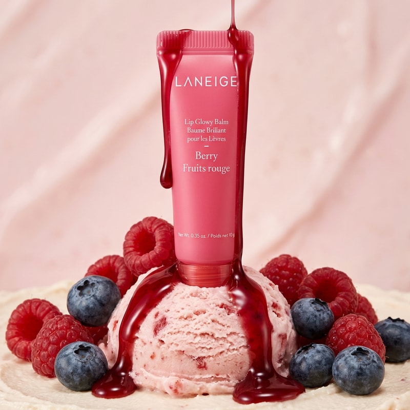 Use the exact product image of Laneige Lip Glowy Balm Berry. Do not change packaging, logo, or color. Maintain original branding and text clarity. High-end luxury beauty campaign, soft studio lighting, ultra-realistic, macro photography, shallow depth of field.”Place the Laneige Lip Glowy Balm Berry on a scoop of strawberry ice cream. Add glossy berry syrup dripping over the product and ice cream. Surround with raspberries and blueberries. Soft pink pastel background, creamy texture, hyper-realistic, luxury cosmetic ad.”
