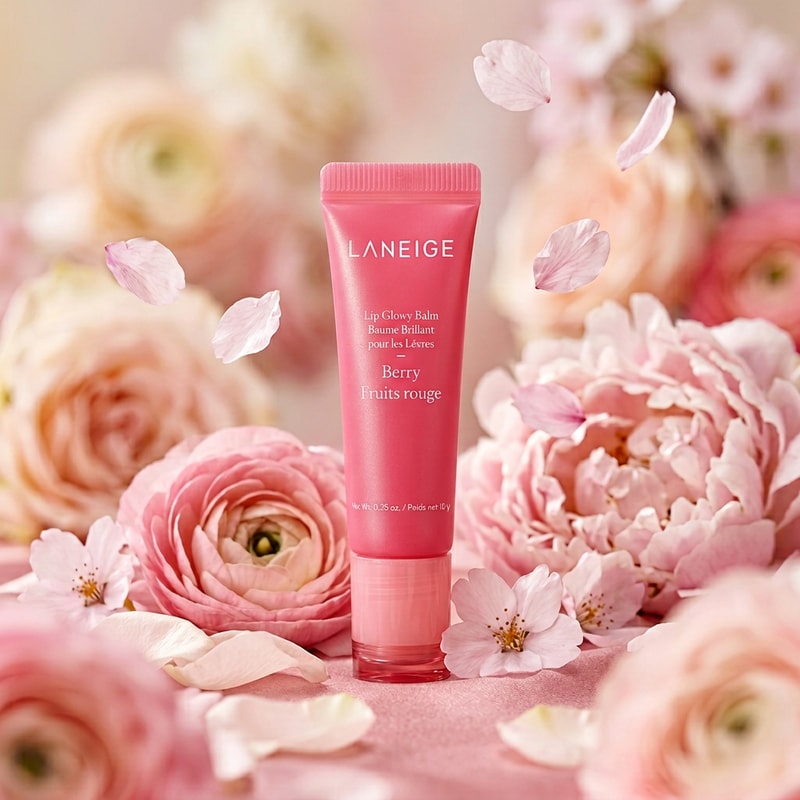 Use the exact product image of Laneige Lip Glowy Balm Berry. Do not change packaging, logo, or color. Maintain original branding and text clarity. High-end luxury beauty campaign, soft studio lighting, ultra-realistic, macro photography, shallow depth of field.”FLORAL SOFT GIRL AESTHETIC

Prompt:
“Place the Laneige Lip Glowy Balm Berry surrounded by soft pink flowers and petals. Light breeze effect with petals floating. Dreamy pastel background, soft diffused lighting, romantic luxury beauty ad.”