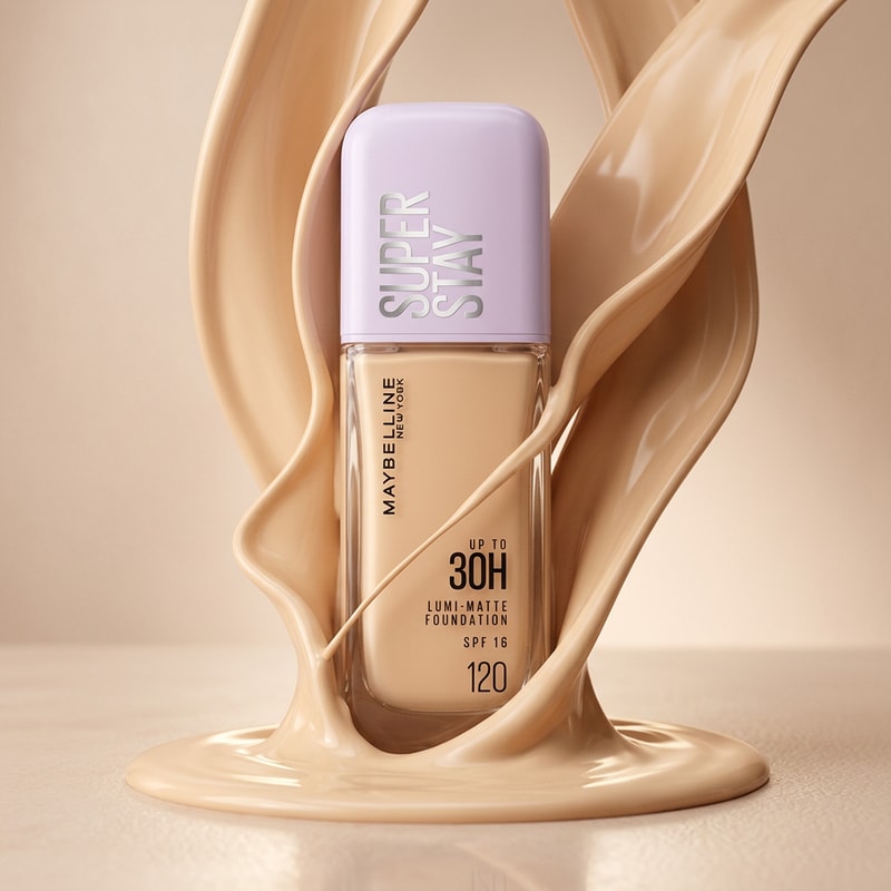 Liquid Foundation Flow (BEST one)
“Create a high-end luxury advertisement of Maybelline Super Stay Foundation.
Keep the product exactly the same (no changes in shape, shade, branding, or text).
Thick creamy foundation liquid (same shade) flowing and wrapping around the bottle in smooth waves.
Soft studio lighting, glossy texture, minimal nude background, elegant composition.
Hyper-realistic, macro lens, focus on smooth skin-like texture, 4K quality.”