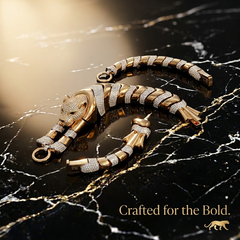 Royal Black & Gold Theme

Prompt:
Gold diamond-studded panther bracelet on glossy black marble surface, gold reflections, soft warm lighting, elegant shadows, high-end fashion shoot, minimal background, luxury branding style, 8k detail
Text:
“Crafted for the Bold.”