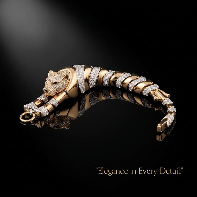 Glass Reflection Shot

Prompt:
Luxury gold bracelet with diamonds placed on reflective glass surface, mirror reflection visible, soft spotlight, black background, cinematic ad photography, ultra sharp details
Text:
“Elegance in Every Detail.”