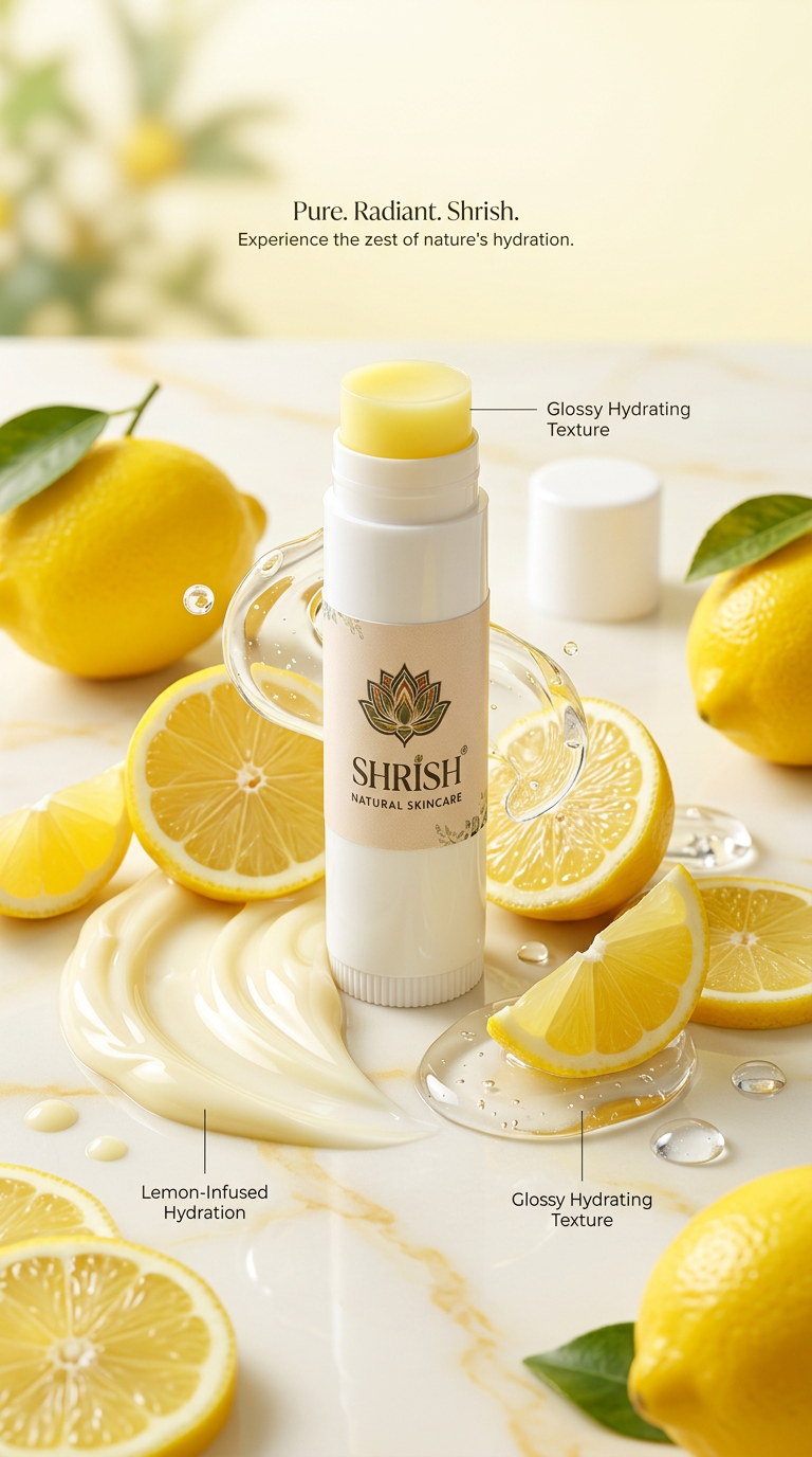 Create a premium luxury product advertisement of SHRISH lip balm surrounded by fresh lemon slices and glossy hydration textures.

IMPORTANT:
– Keep product exactly same
– Lemon-yellow balm visible

Scene:
Lip balm standing in center with sliced lemons, lemon cream texture, glossy transparent gel splashes, soft yellow-white luxury background. Fresh skincare aesthetic, cinematic macro lighting, premium beauty commercial style, hyper realistic.