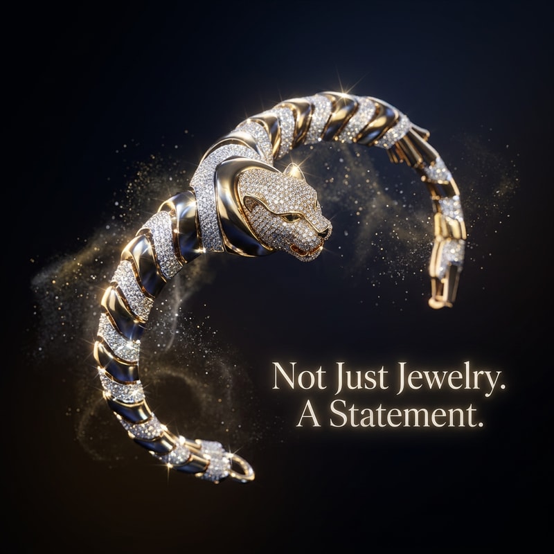 Floating Product Ad
Prompt:
Luxury gold bracelet with panther head floating mid-air, diamonds sparkling, black gradient background, soft glowing particles, cinematic product ad, high contrast lighting, ultra realistic, premium jewelry commercial style
Text:
“Not Just Jewelry. A Statement.”