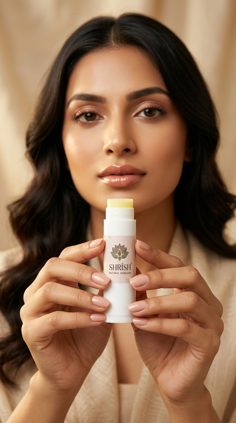 6Create a luxury beauty campaign image featuring an elegant Indian fair skin tone female model holding SHRISH Natural Skincare lip balm straight toward the camera.

IMPORTANT:
– Keep the exact same SHRISH lip balm packaging, label sticker, lotus logo, typography, and lemon-yellow balm shade
– No redesign or branding changes
– Lip balm must remain realistic

Scene:
Model with flawless soft glam makeup, glossy lips, clean manicured nude nails, silky hair, luxury beige studio background. She holds the lip balm straight in hand toward camera in premium skincare advertisement pose. Soft golden studio lighting, shallow depth of field, luxury beauty campaign aesthetic, hyper realistic, cinematic photography.