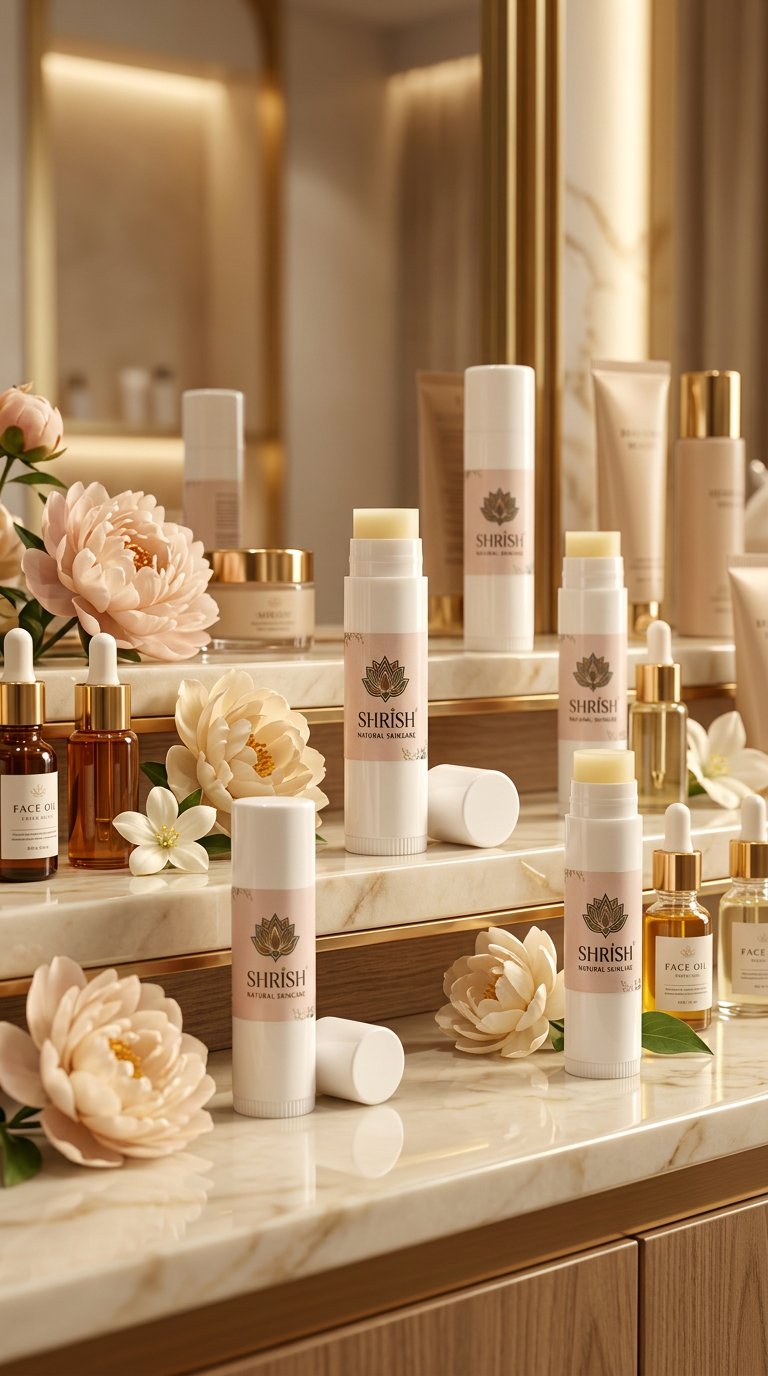 Create a luxury skincare shelf display advertisement featuring multiple SHRISH lip balms arranged aesthetically.
IMPORTANT:
– Keep all products identical to original
– No redesign
Scene:
Several SHRISH lip balms displayed on luxury cream shelves with soft flowers, glossy reflections, skincare bottles, and golden lighting. Premium store display aesthetic, elegant beige tones, cinematic luxury beauty campaign, ultra realistic.