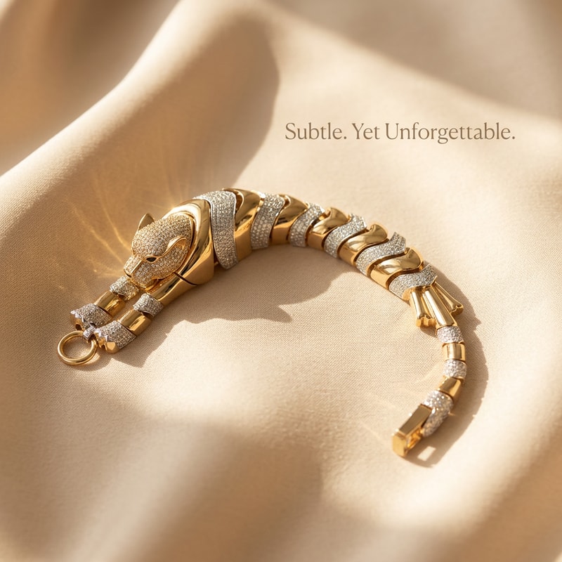 Beige Aesthetic Minimal

Prompt:
Gold panther bracelet placed on soft beige silk fabric, natural sunlight, soft shadows, minimal luxury aesthetic, warm tones, editorial jewelry photography style
Text:
“Subtle. Yet Unforgettable.”