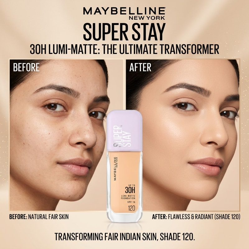 Before–After Model Concept (VIRAL IDEA)
“Create a beauty campaign featuring an Indian female model with fair skin tone showing before and after applying Maybelline Super Stay Foundation.
Left side natural skin, right side smooth flawless finish.
Soft lighting, minimal beige background.
Elegant composition, focus on transformation, premium campaign style.”