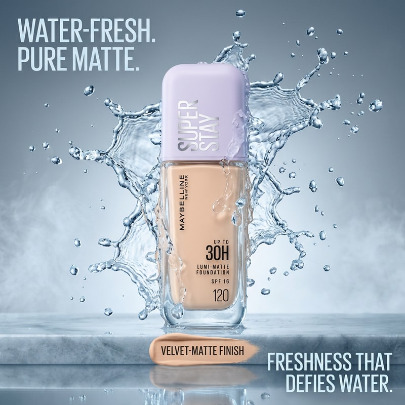 Water + Matte Contrast
“Create a luxury ad showing Maybelline Super Stay Foundation surrounded by water splashes.
Contrast between water freshness and matte foundation finish.
Cool lighting, clean background, hyper-realistic droplets frozen in motion.
Cinematic, high-end beauty campaign.”