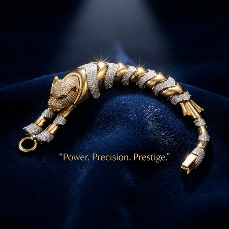 Midnight Luxury Spotlight

Prompt:
A luxury gold panther bracelet with diamond detailing placed on deep navy velvet, dramatic spotlight from above, soft shadows, ultra high detail, cinematic lighting, macro lens, dark luxury aesthetic, rich contrast, premium jewelry advertisement style
Text on image:
“Power. Precision. Prestige