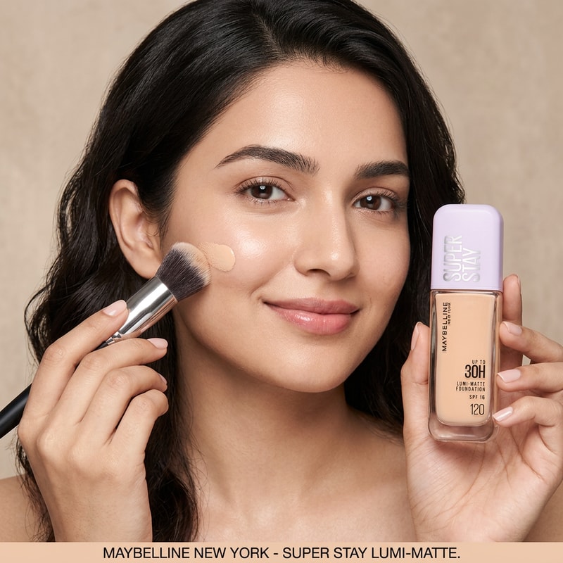 Indian Model Application Shot

“Create a luxury beauty campaign featuring an Indian female model with fair skin tone applying Maybelline Super Stay Foundation.
Natural makeup, glowing smooth skin, soft smile.
Beige minimal studio background, soft diffused lighting.
Product visible in hand, focus on flawless skin finish.
Premium editorial look, hyper-realistic.”