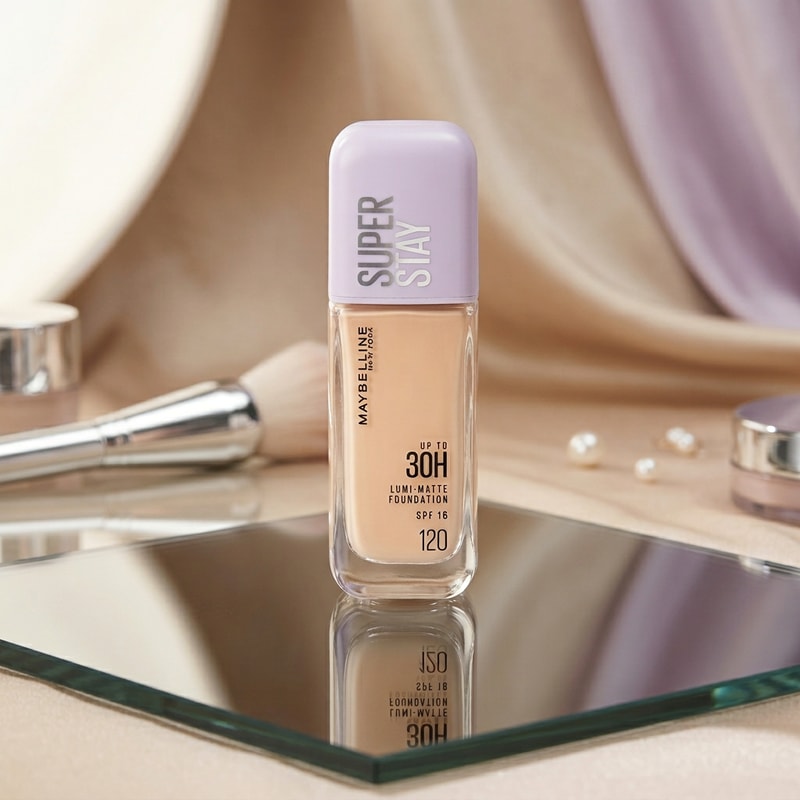 Glass Reflection Luxury
“Create a premium advertisement of Maybelline Super Stay Foundation placed on reflective glass surface.
Soft reflections below the bottle, minimal beige background, clean composition.
Soft lighting with subtle glow, luxury cosmetic brand feel.
High detail, 4K, realistic shadows and reflections.”