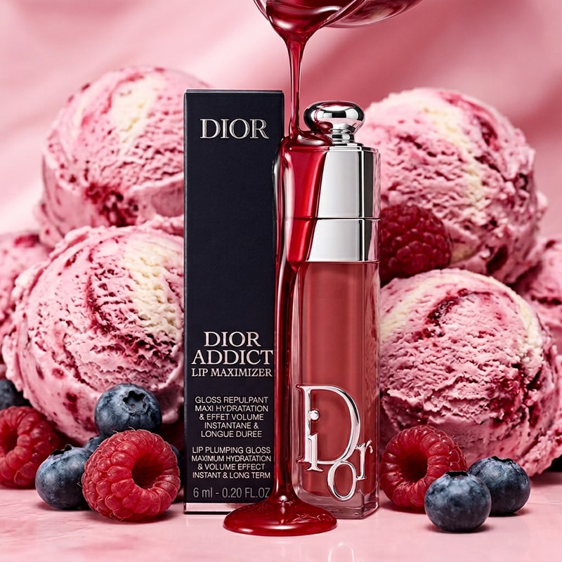 Luxury Dior lip gloss advertisement, soft pink ice cream scoop background, glossy red syrup dripping slowly over the product, fresh berries around (raspberries, blueberries), high-end skincare aesthetic, macro shot, cinematic lighting, ultra glossy texture, premium beauty ad style

IMPORTANT: Keep Dior lip gloss packaging EXACT, do not change logo, text, font, shape, or color. Maintain realistic product proportions and branding visibility.