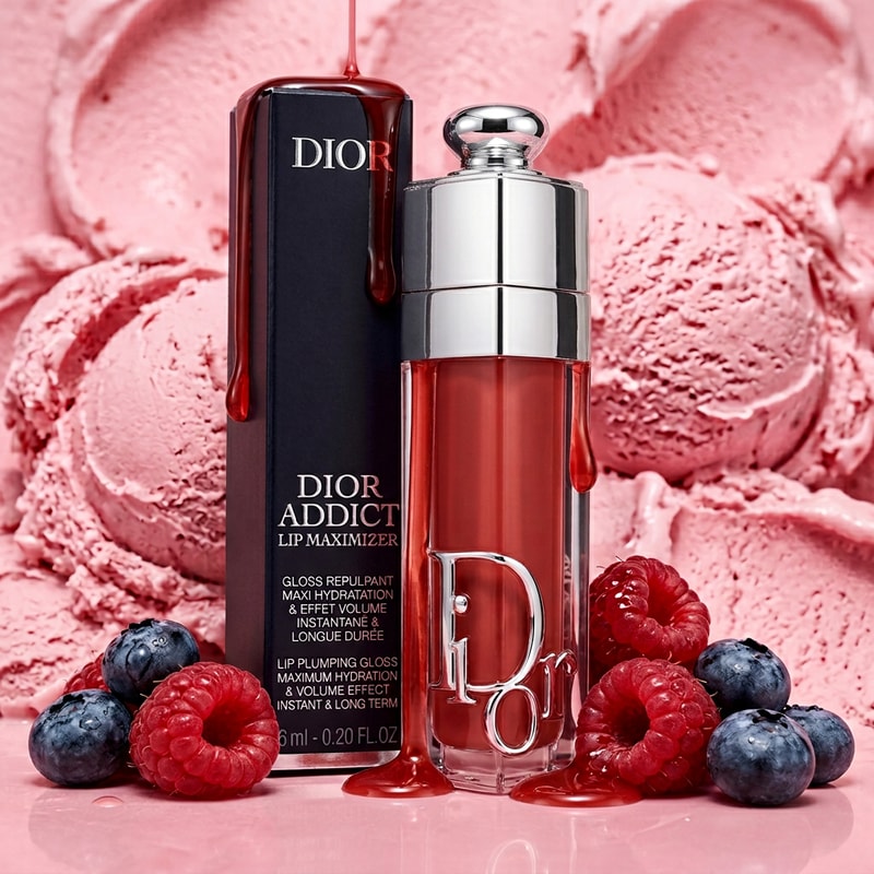 Luxury Dior lip gloss advertisement, soft pink ice cream scoop background, glossy red syrup dripping slowly over the product, fresh berries around (raspberries, blueberries), high-end skincare aesthetic, macro shot, cinematic lighting, ultra glossy texture, premium beauty ad style

IMPORTANT: Keep Dior lip gloss packaging EXACT, do not change logo, text, font, shape, or color. Maintain realistic product proportions and branding visibility.